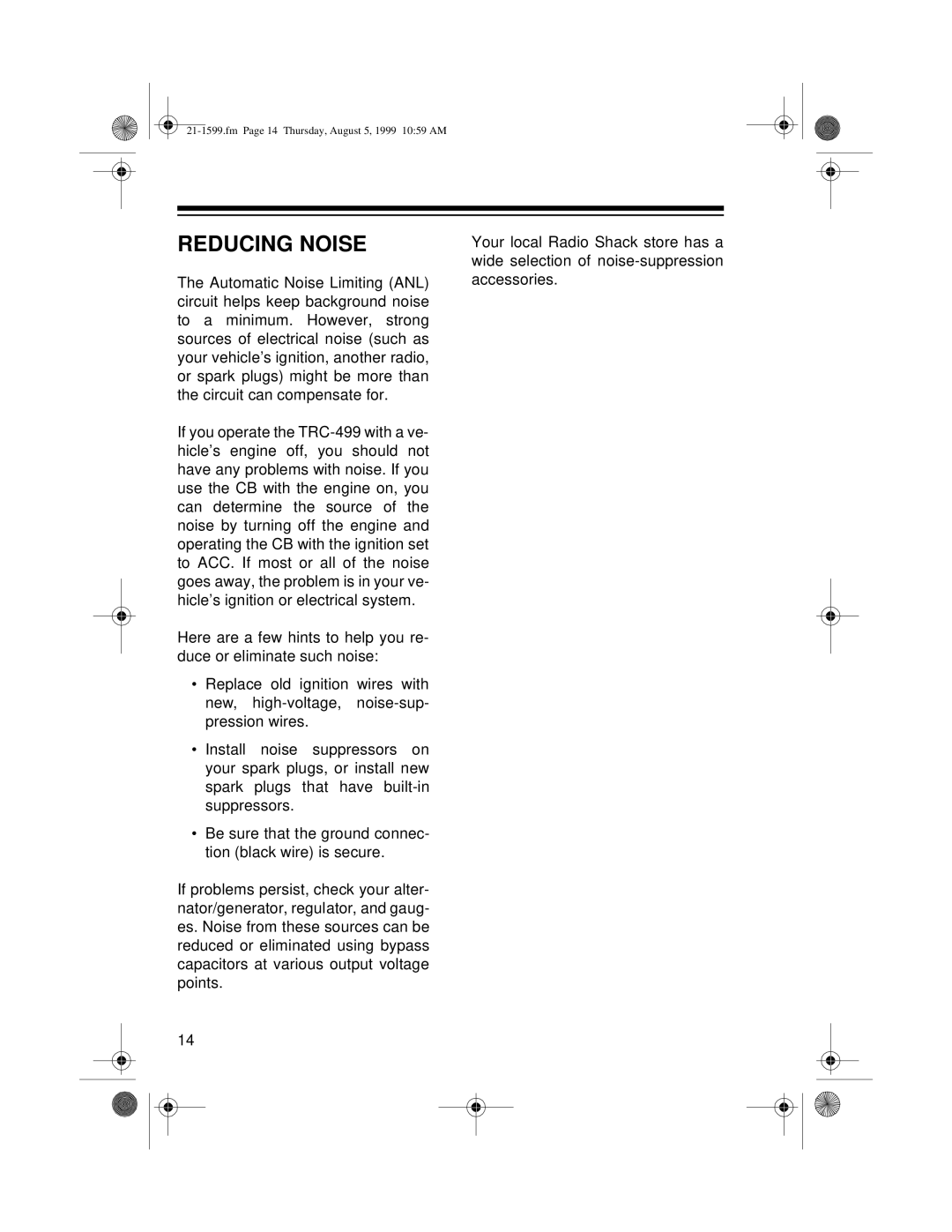 Radio Shack 21-1599 owner manual Reducing Noise 