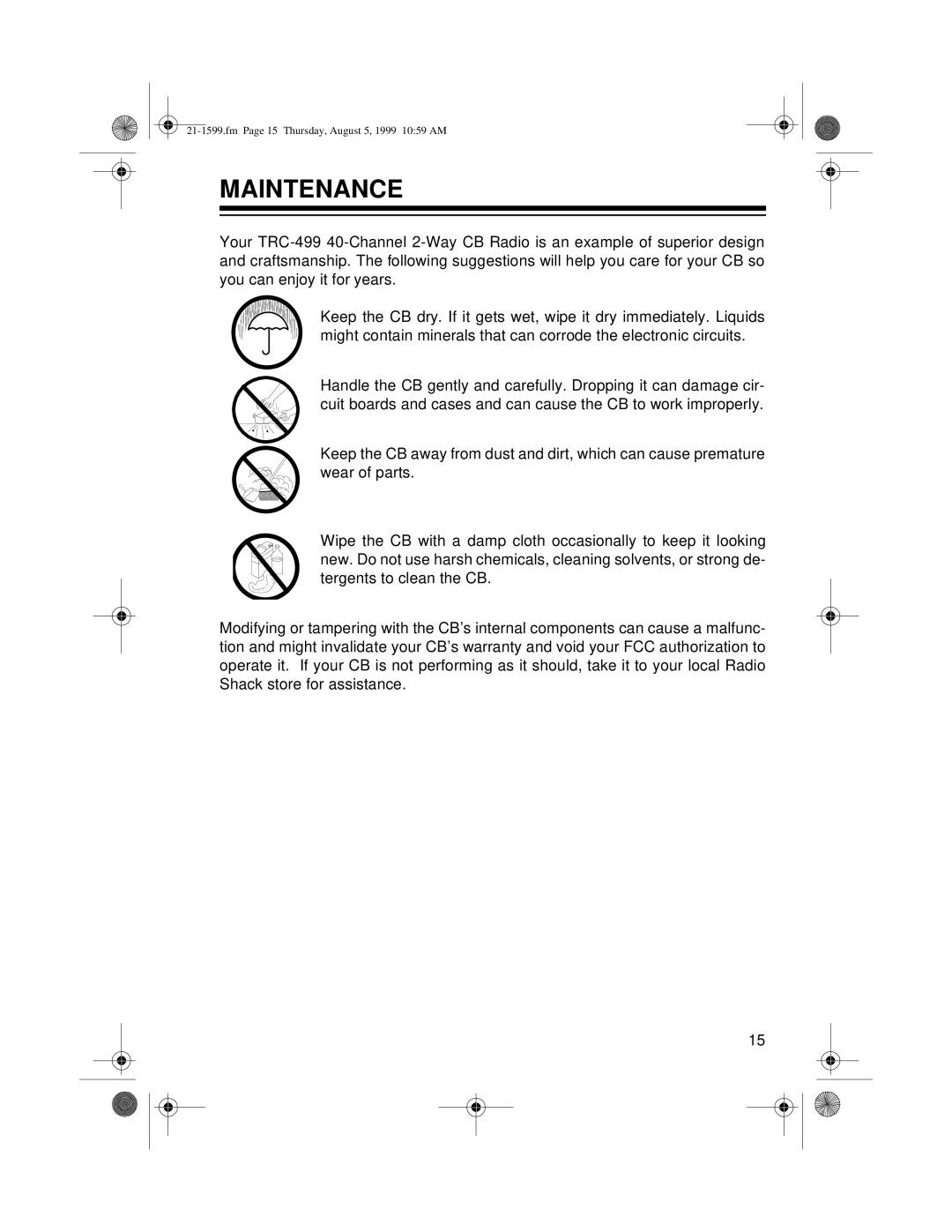 Radio Shack 21-1599 owner manual Maintenance 