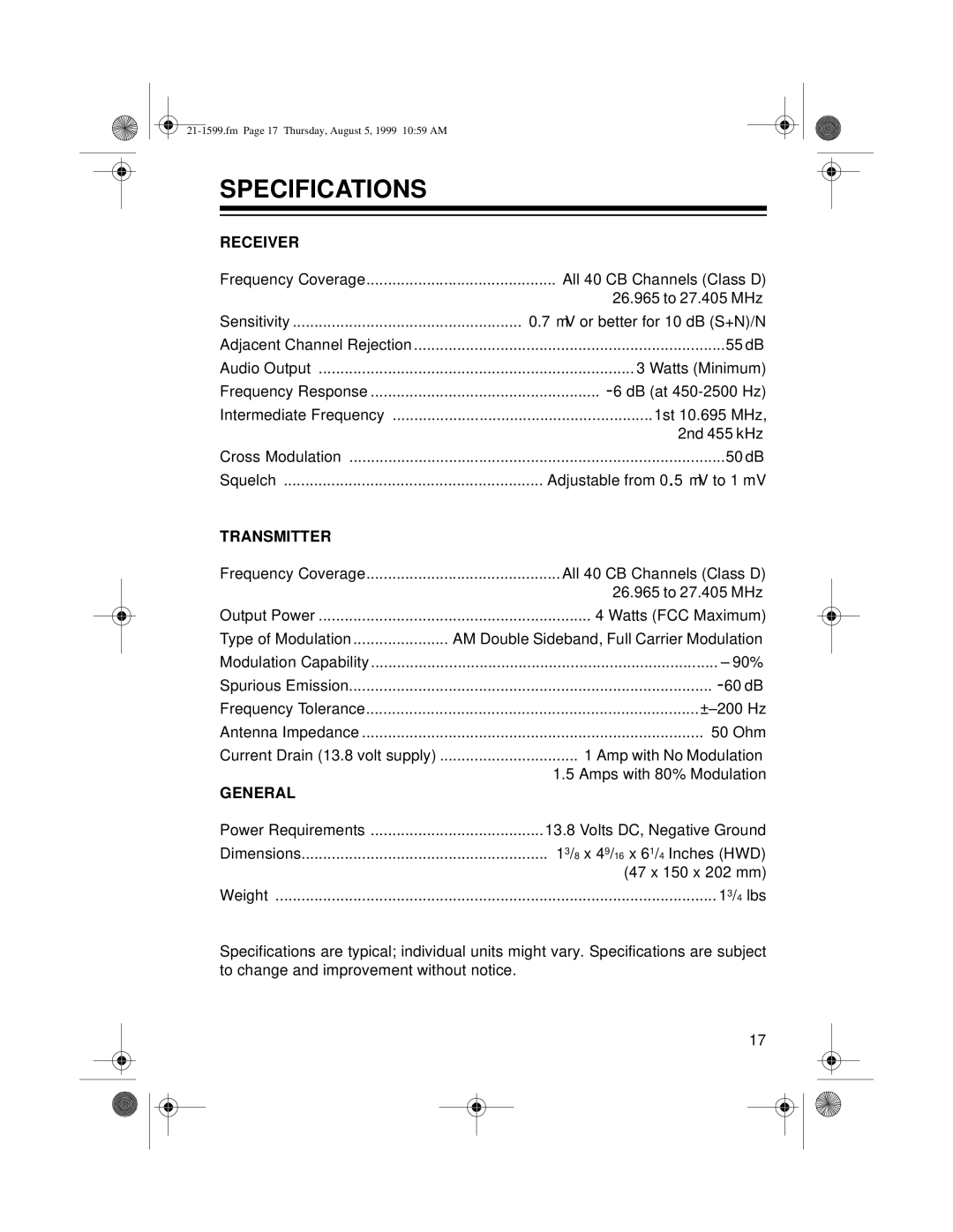 Radio Shack 21-1599 owner manual Specifications, Receiver 