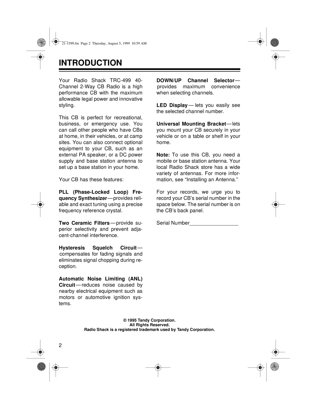 Radio Shack 21-1599 owner manual Introduction 