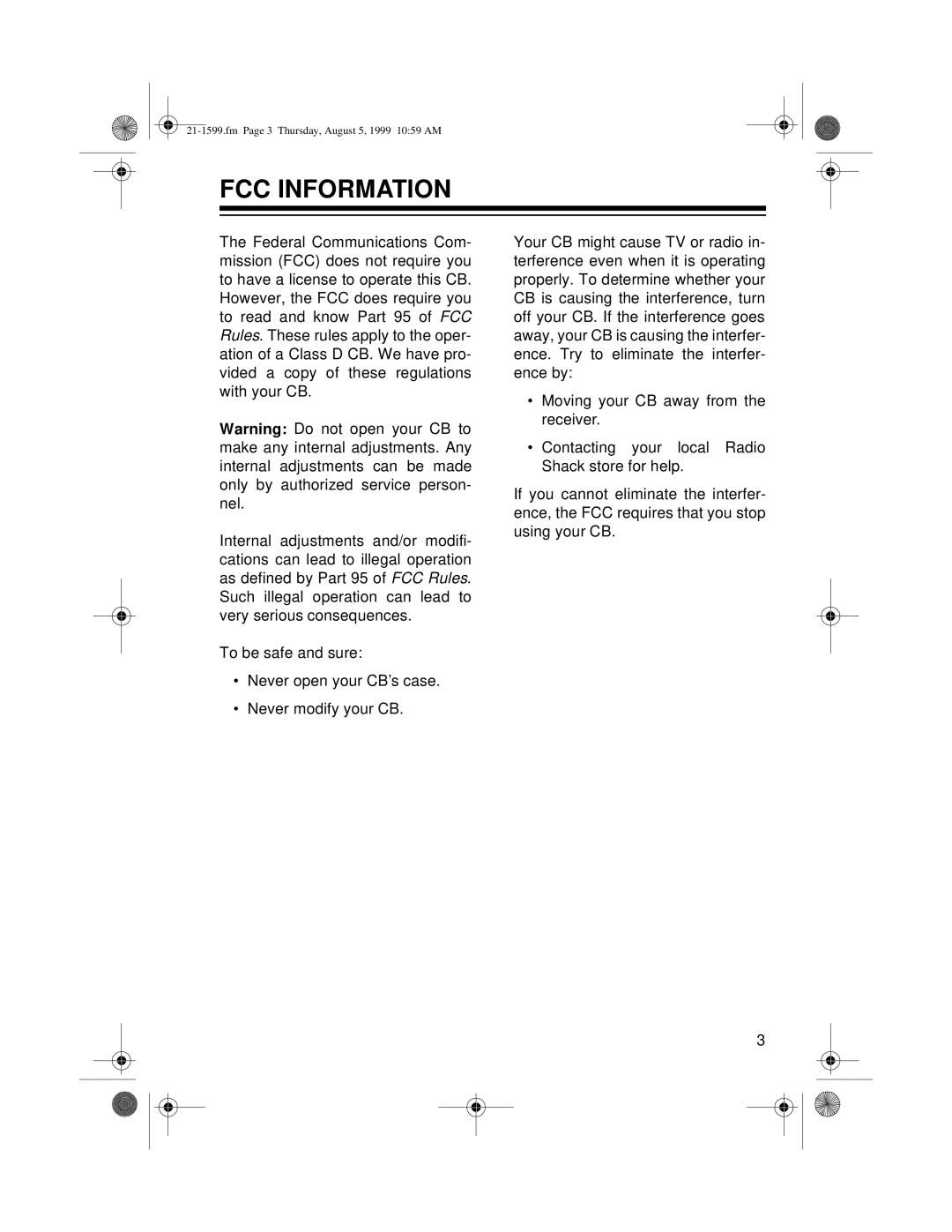 Radio Shack 21-1599 owner manual FCC Information 