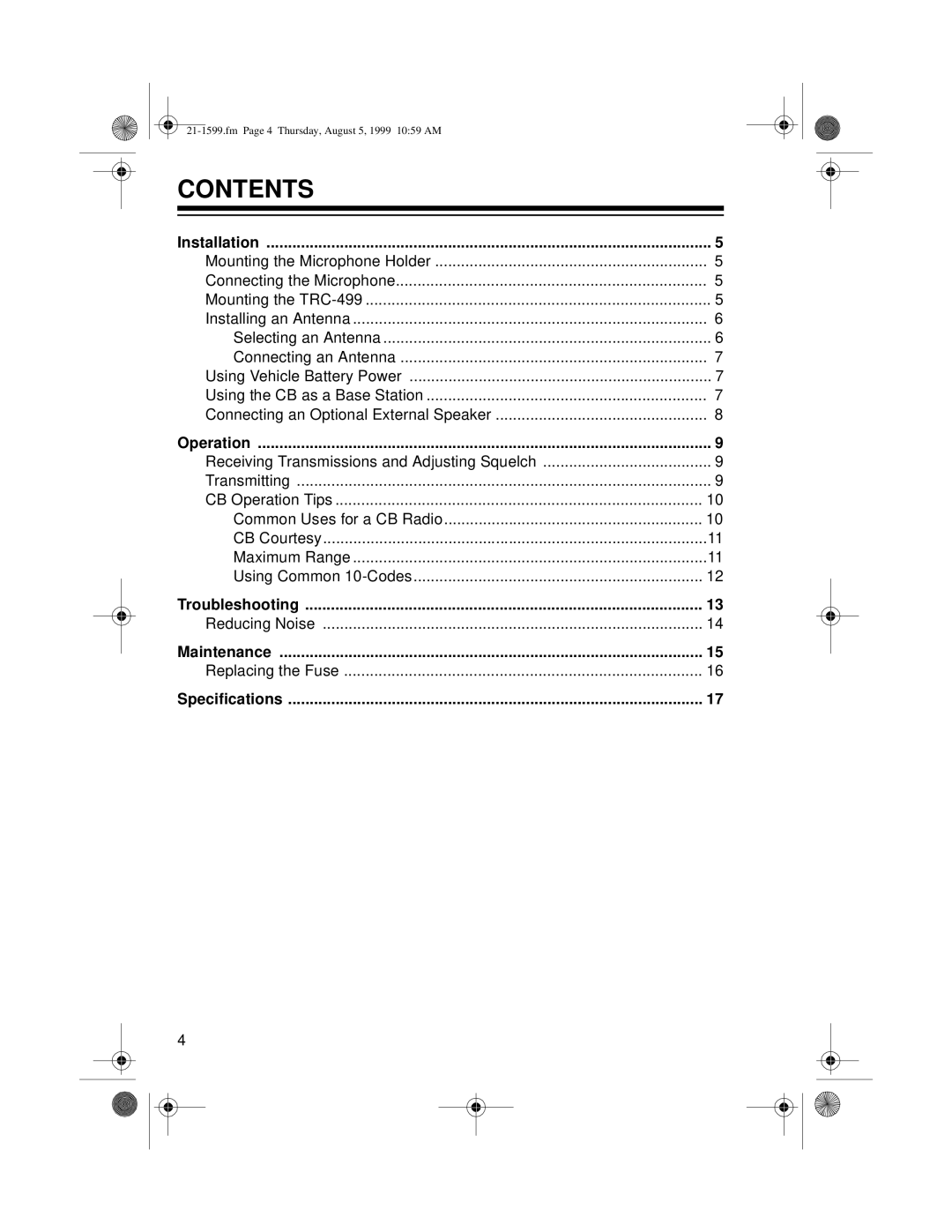 Radio Shack 21-1599 owner manual Contents 