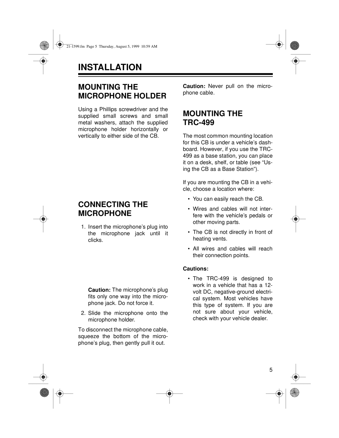 Radio Shack 21-1599 owner manual Installation, Mounting the Microphone Holder, Connecting the Microphone 