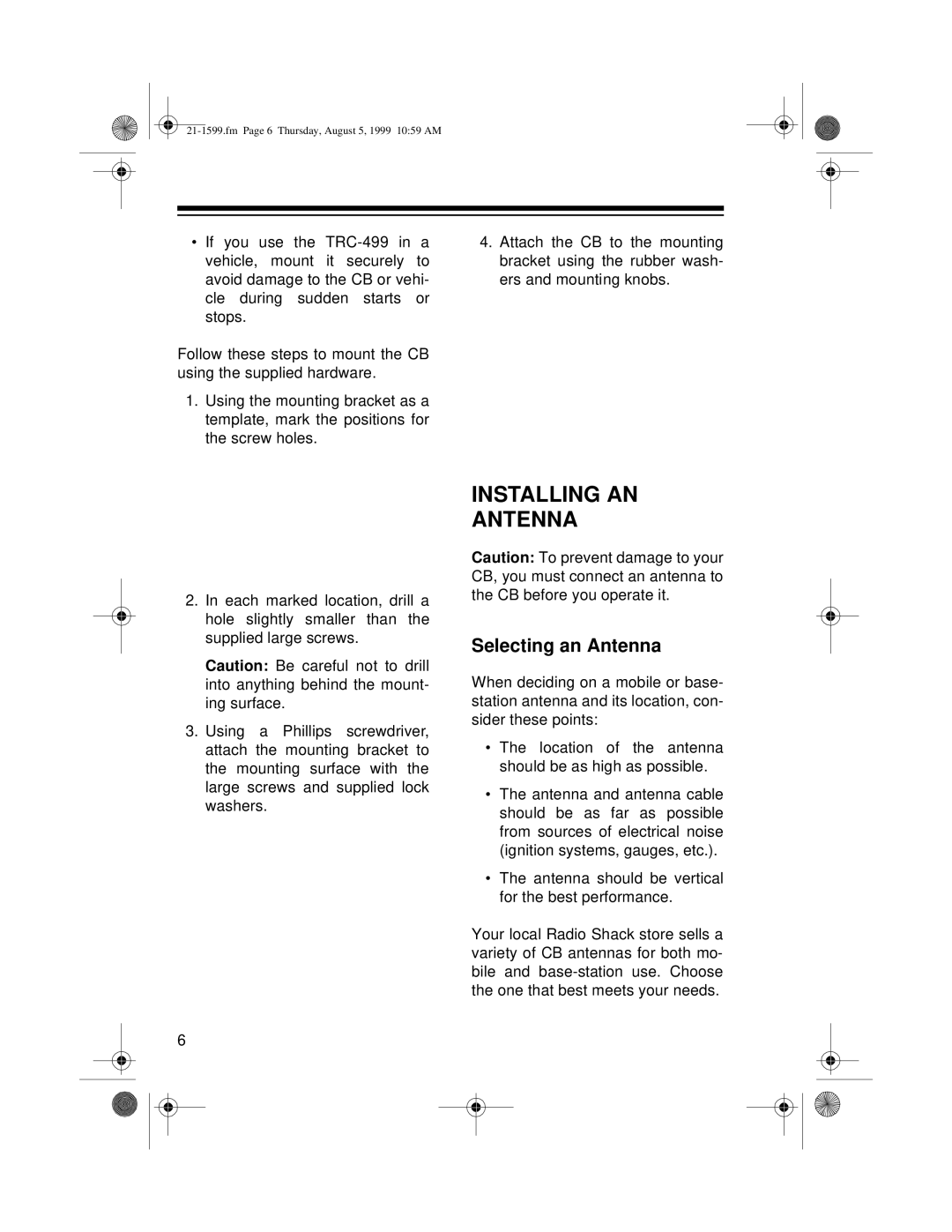 Radio Shack 21-1599 owner manual Installing AN Antenna, Selecting an Antenna 