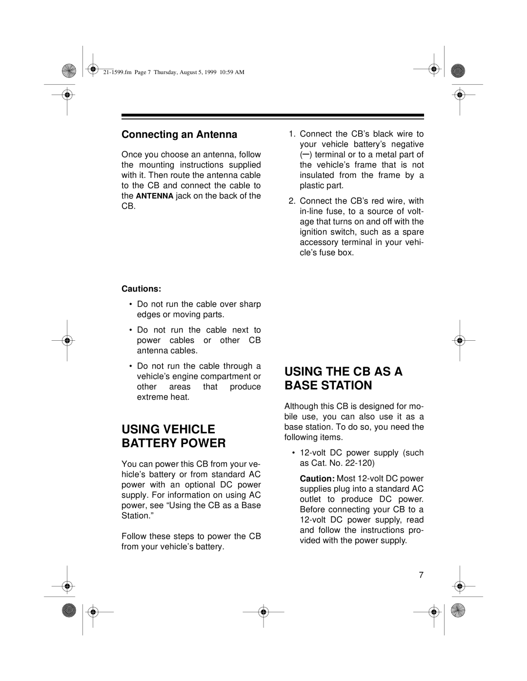 Radio Shack 21-1599 owner manual Using Vehicle Battery Power, Using the CB AS a Base Station, Connecting an Antenna 