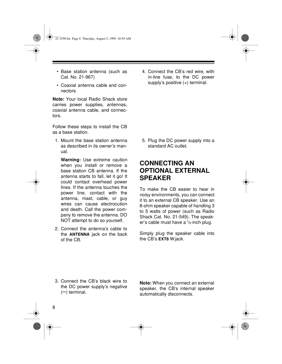 Radio Shack 21-1599 owner manual Connecting AN Optional External Speaker 