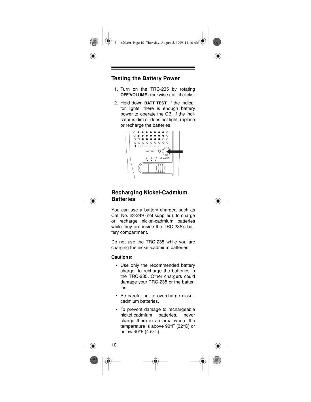 Radio Shack 21-1620, TRC-235 owner manual Testing the Battery Power 