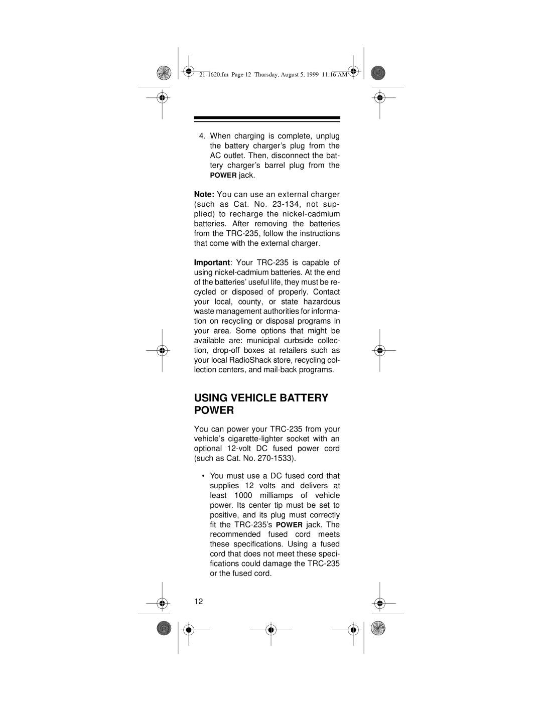 Radio Shack 21-1620, TRC-235 owner manual Using Vehicle Battery Power, Power jack 