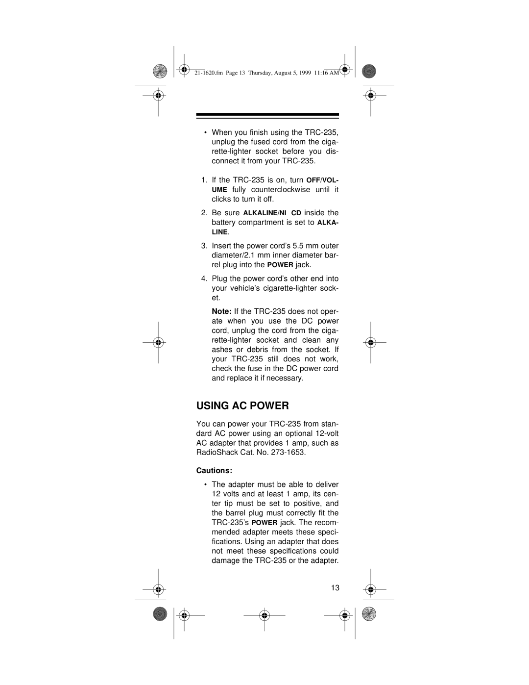 Radio Shack TRC-235, 21-1620 owner manual Using AC Power 