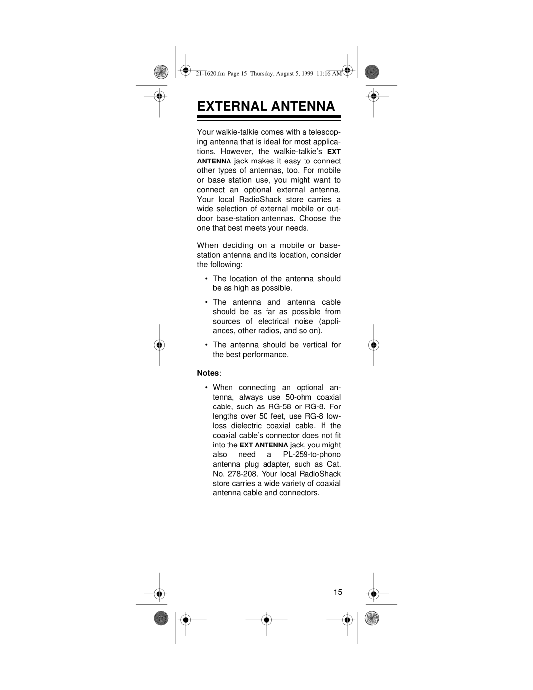 Radio Shack TRC-235, 21-1620 owner manual External Antenna 