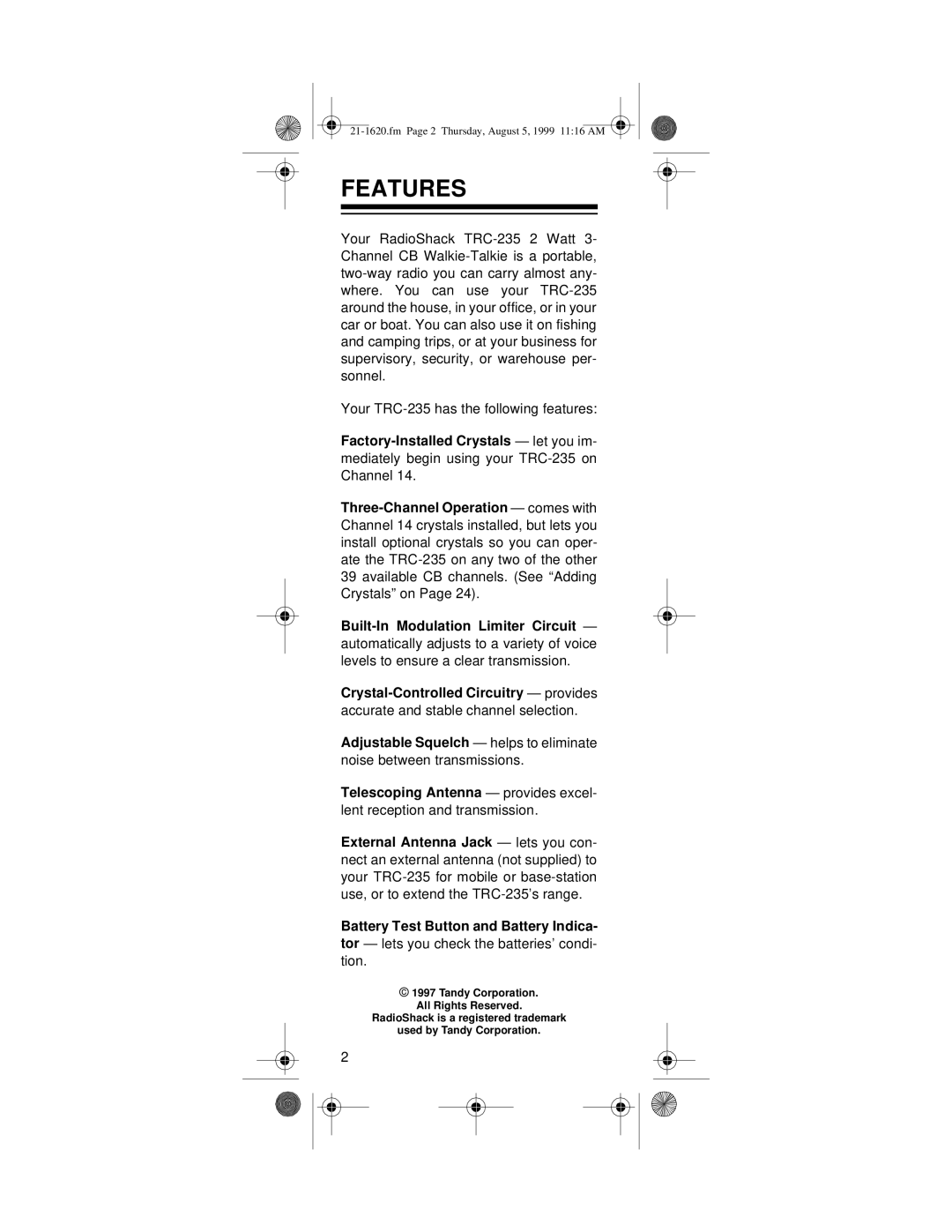 Radio Shack 21-1620, TRC-235 owner manual Features, Battery Test Button and Battery Indica 