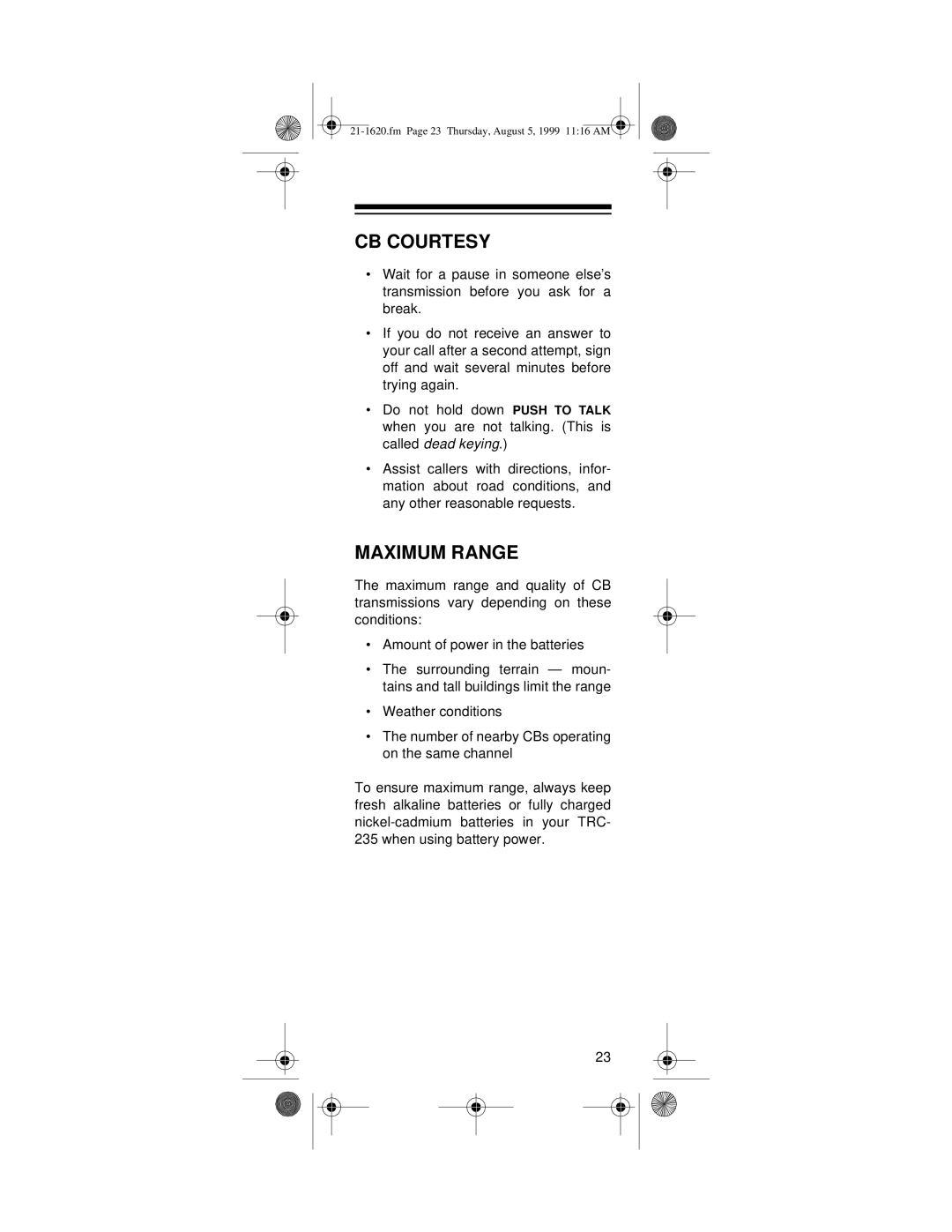 Radio Shack TRC-235, 21-1620 owner manual CB Courtesy, Maximum Range 