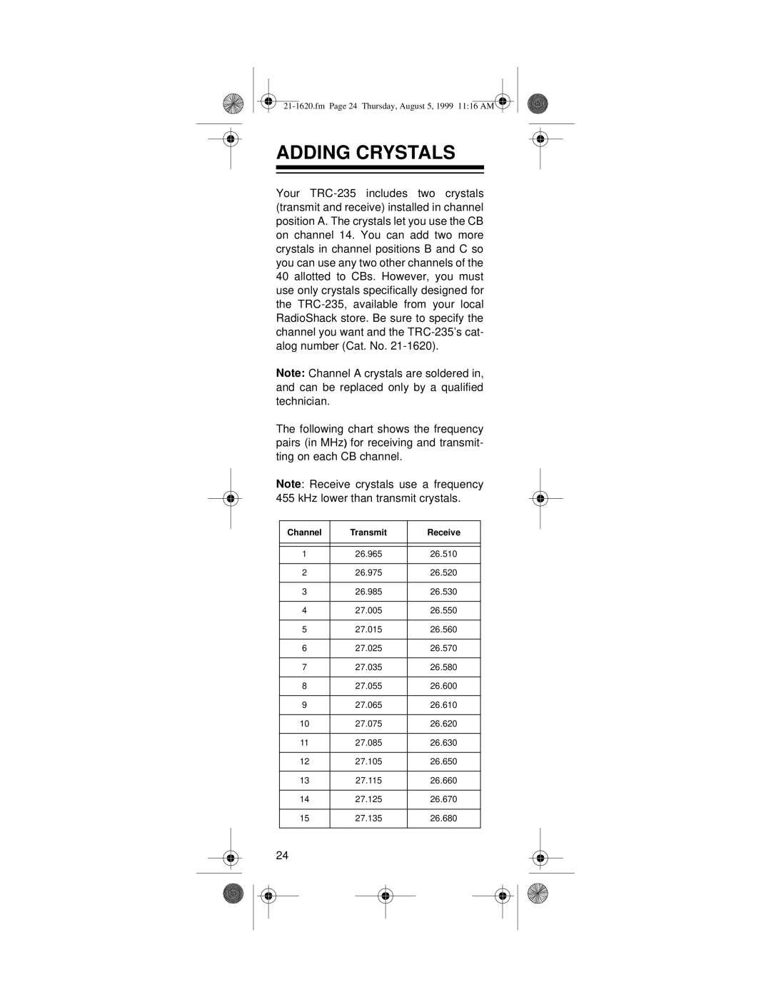 Radio Shack 21-1620, TRC-235 owner manual Adding Crystals, Channel Transmit Receive 