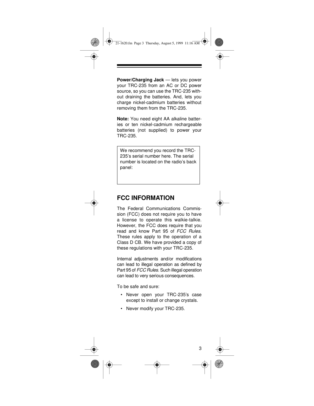 Radio Shack TRC-235, 21-1620 owner manual FCC Information 