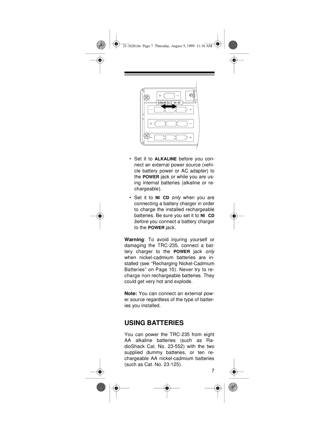 Radio Shack TRC-235, 21-1620 owner manual Using Batteries 