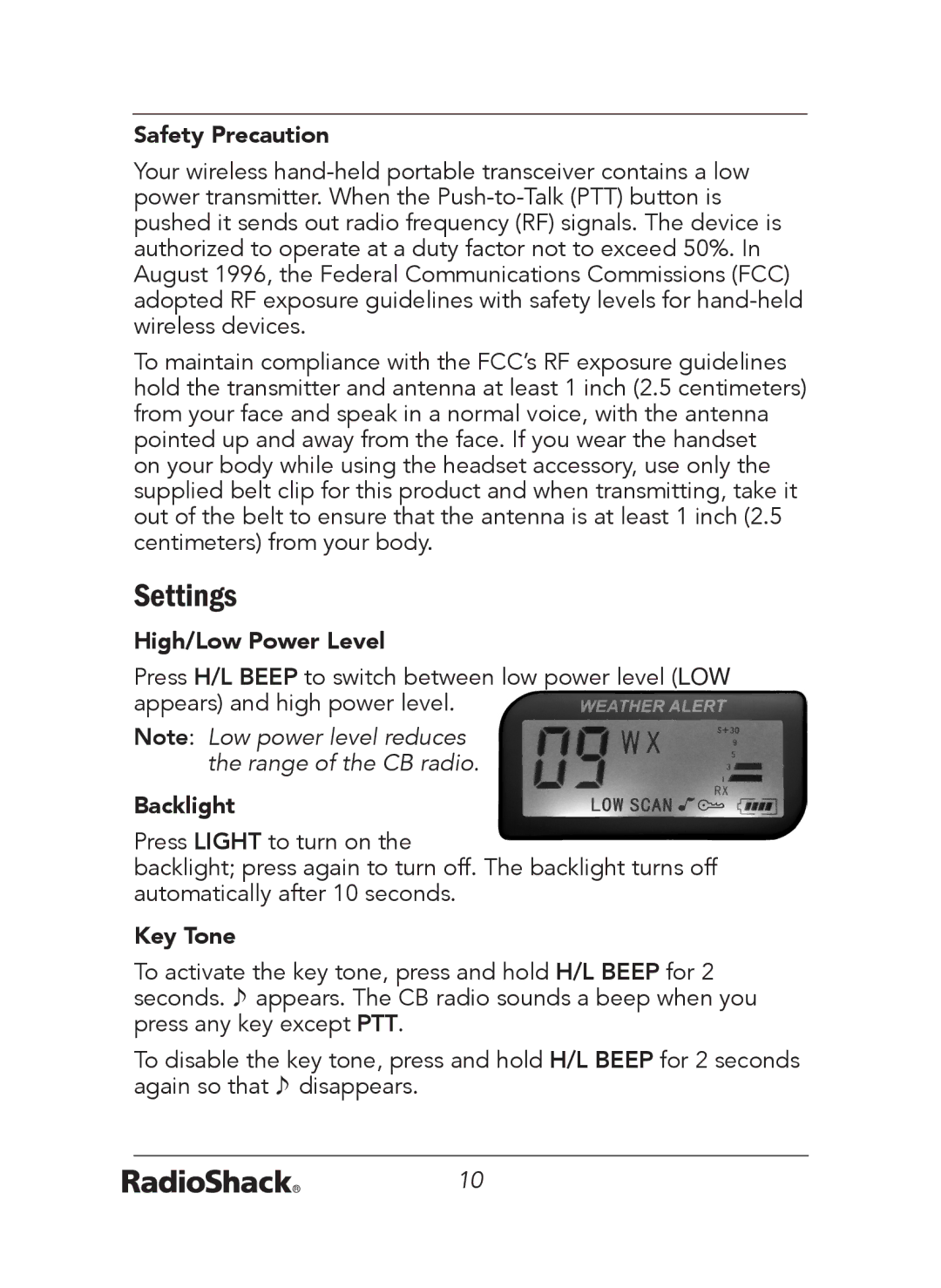 Radio Shack 21-1679 A manual Settings, High/Low Power Level, Backlight, Key Tone 