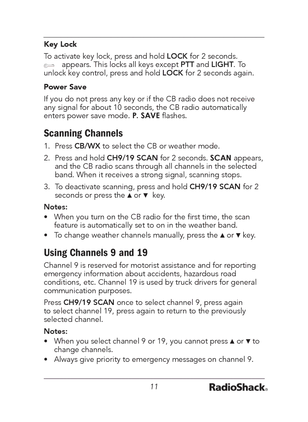 Radio Shack 21-1679 A manual Scanning Channels, Using Channels 9, Key Lock, Power Save 