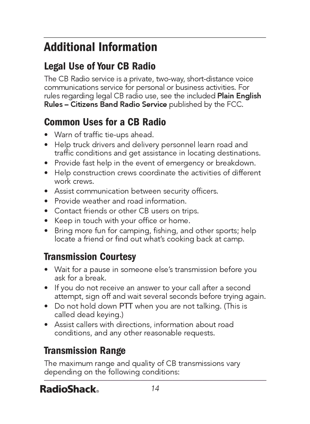 Radio Shack 21-1679 A Additional Information, Legal Use of Your CB Radio, Common Uses for a CB Radio, Transmission Range 