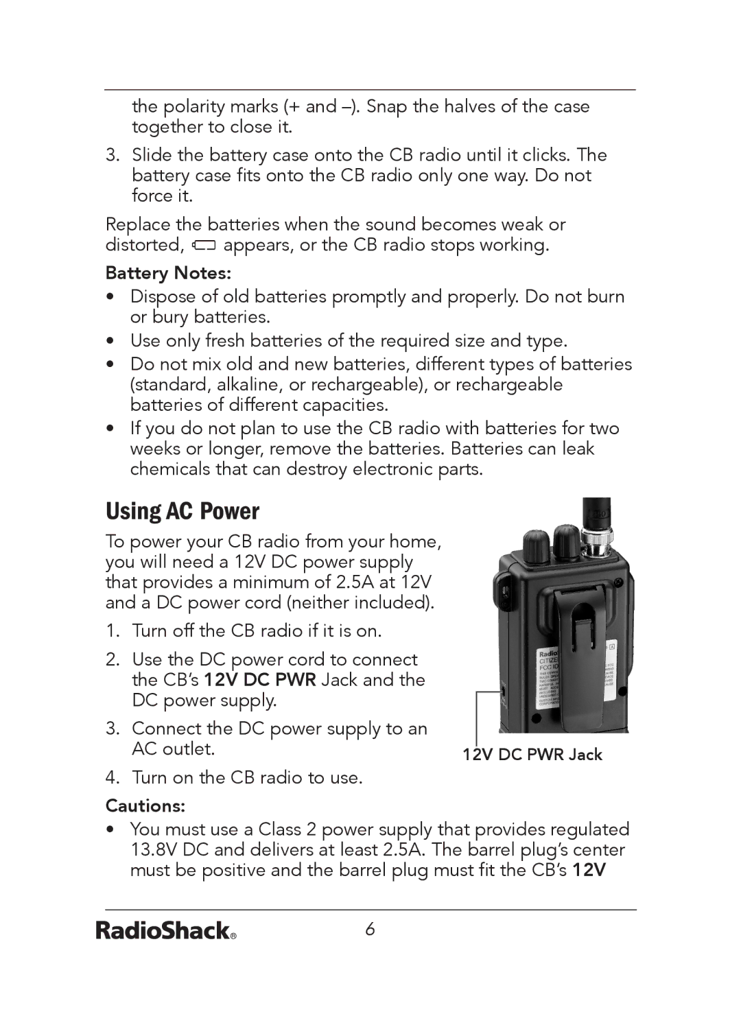 Radio Shack 21-1679 A manual Using AC Power, Battery Notes 