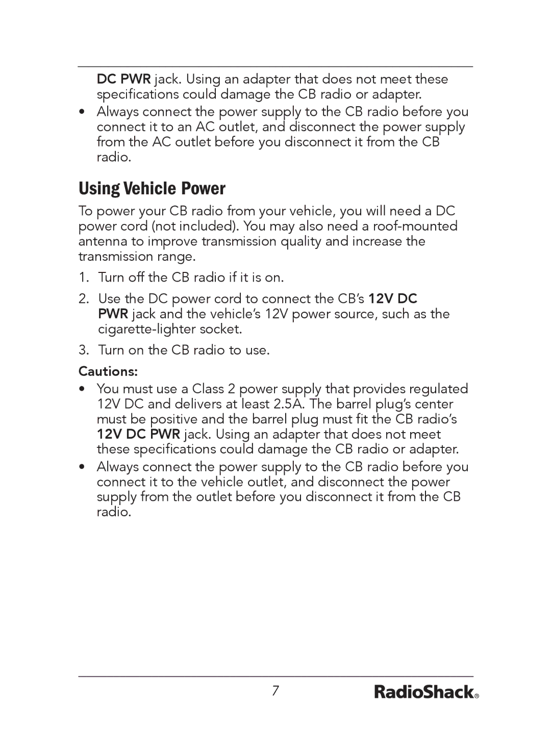 Radio Shack 21-1679 A manual Using Vehicle Power 