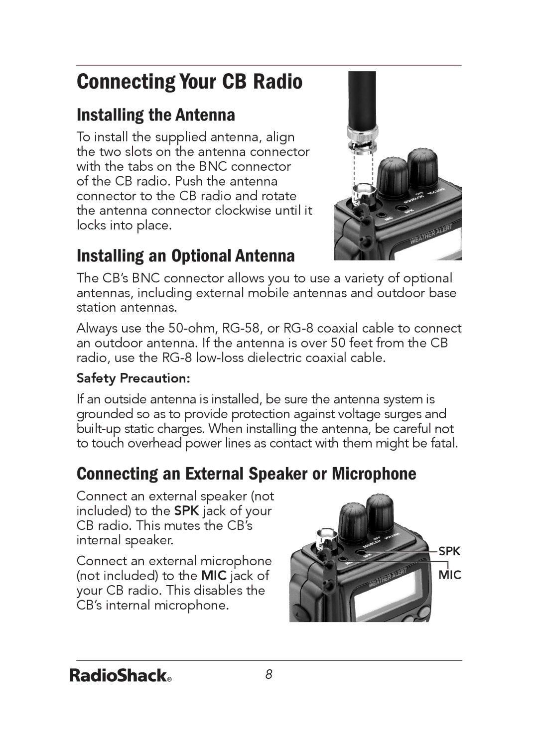 Radio Shack 21-1679 A Connecting Your CB Radio, Installing the Antenna, Installing an Optional Antenna, Safety Precaution 