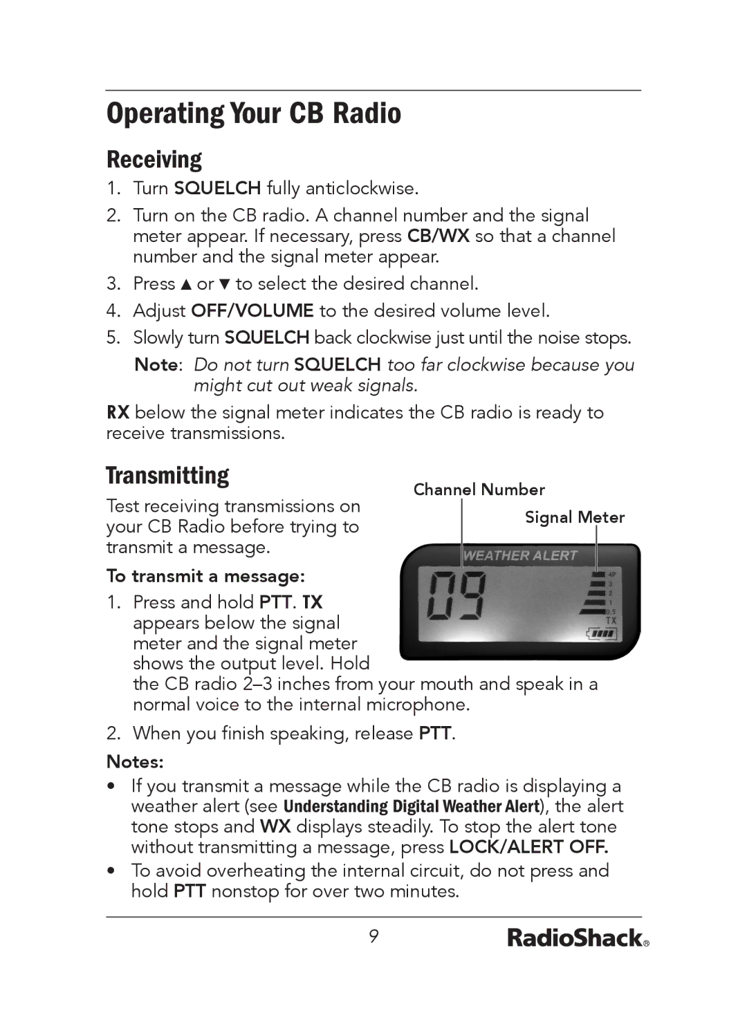 Radio Shack 21-1679 A manual Operating Your CB Radio, Receiving, Transmitting, To transmit a message 