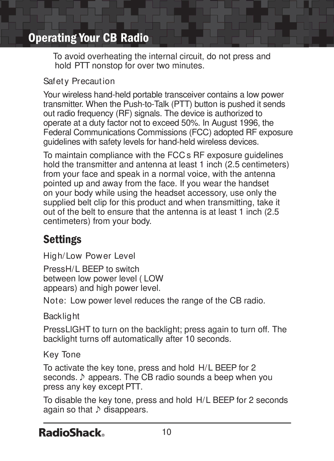 Radio Shack 21-1679 manual Settings, Safety Precaution, High/Low Power Level, Backlight, Key Tone 