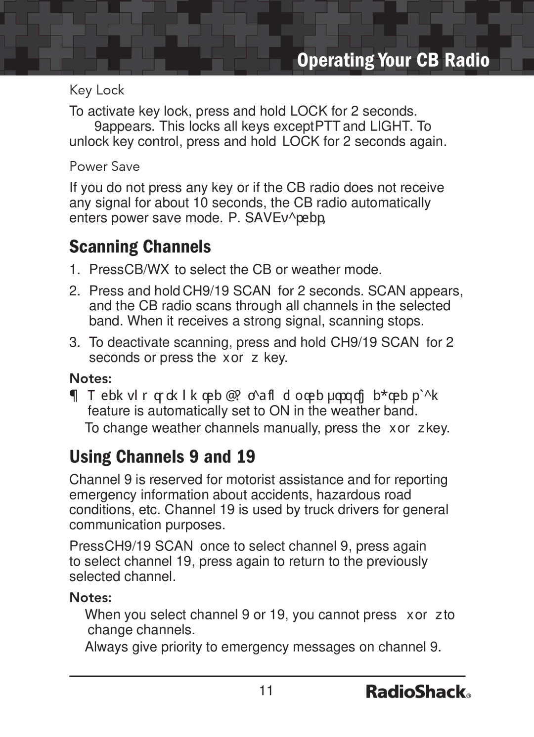 Radio Shack 21-1679 manual Scanning Channels, Using Channels 9, Key Lock, Power Save, OtesŸ 