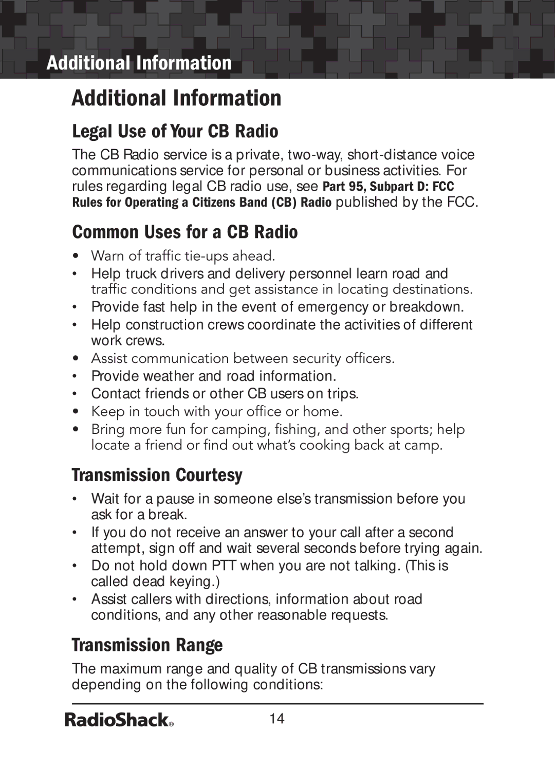 Radio Shack 21-1679 Additional Information, Legal Use of Your CB Radio, Common Uses for a CB Radio, Transmission Courtesy 