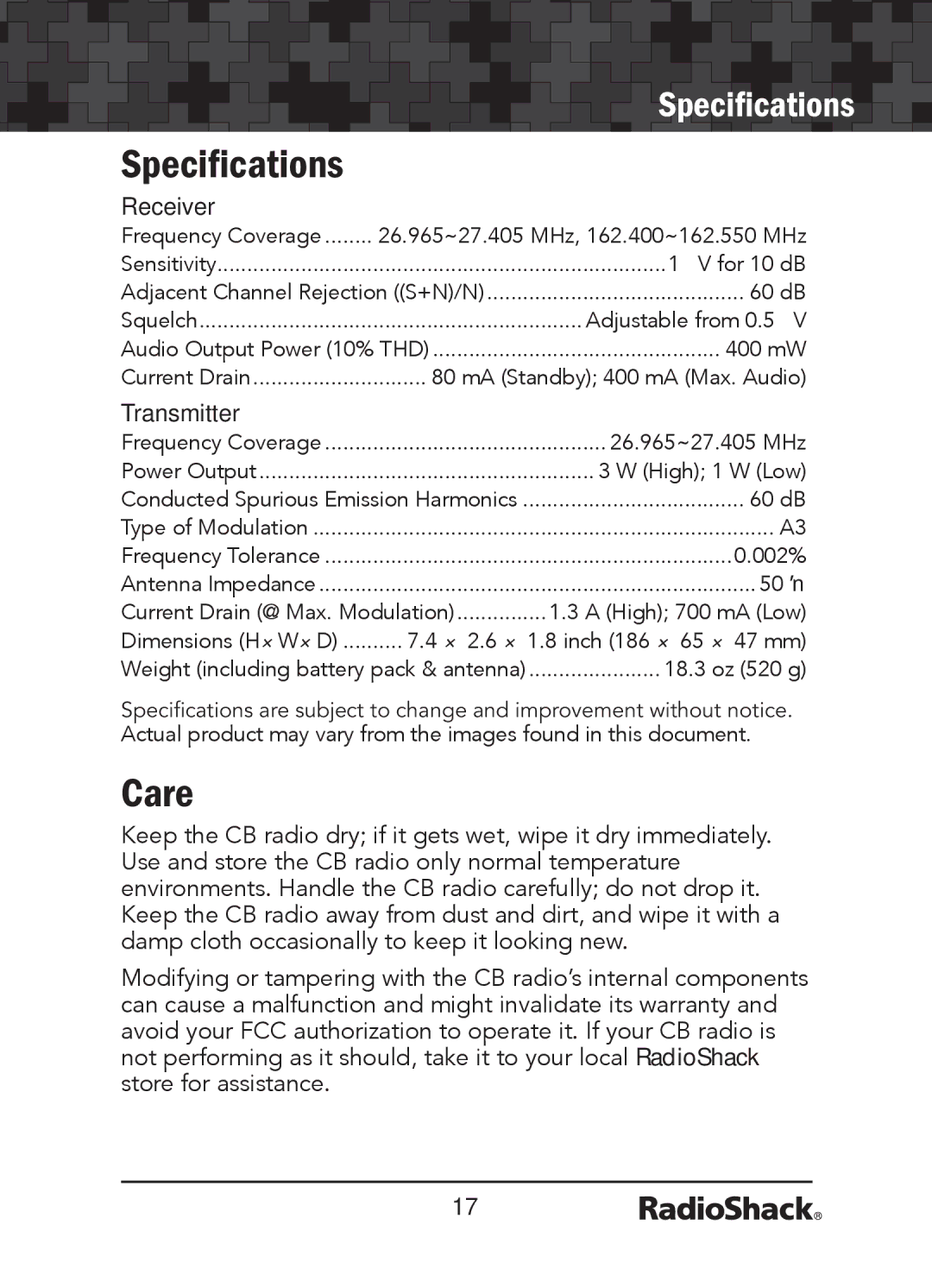 Radio Shack 21-1679 manual Care, Receiver, Transmitter 