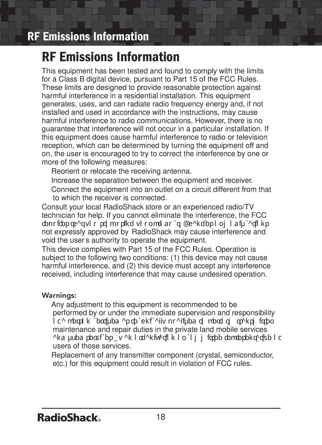 Radio Shack 21-1679 manual RF Emissions Information, 7ARNINGS 