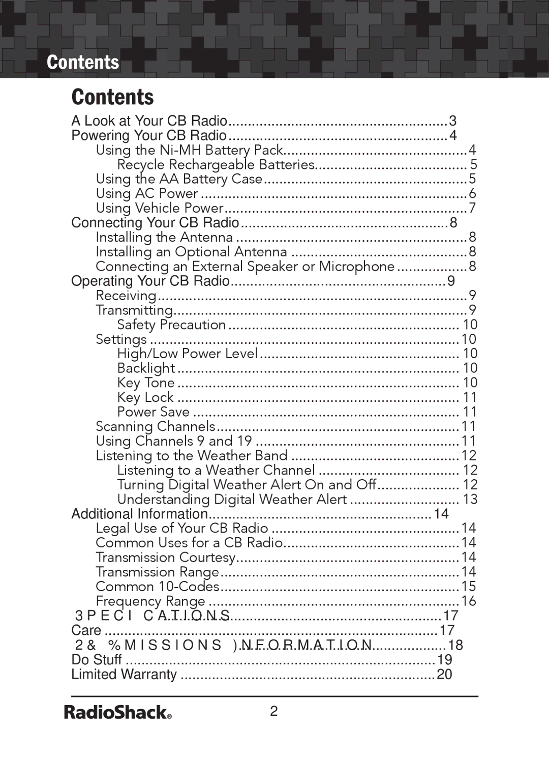 Radio Shack 21-1679 manual Contents 