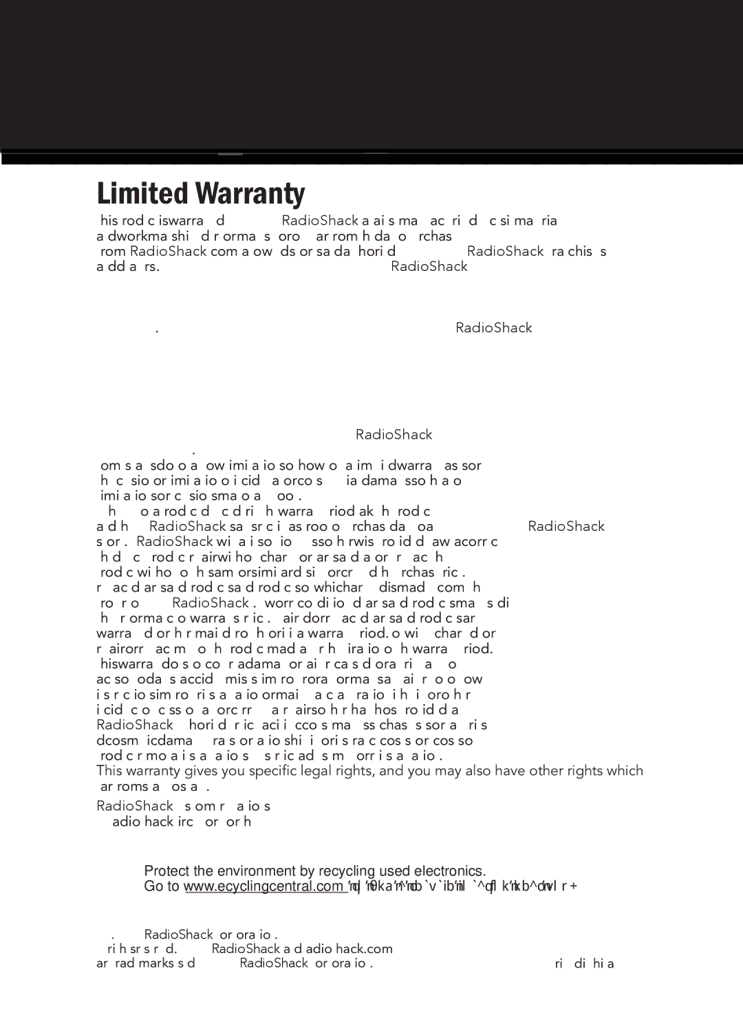 Radio Shack 21-1679 manual Limited Warranty 