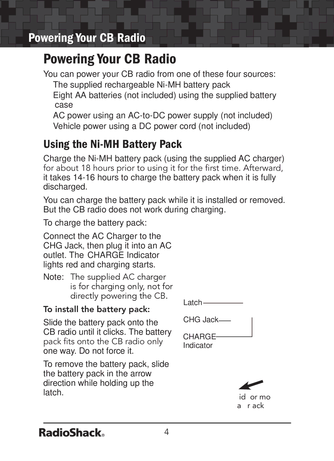 Radio Shack 21-1679 manual Powering Your CB Radio, Using the Ni-MH Battery Pack, 4OŸINSTALLŸTHEŸBATTERYŸPACK 