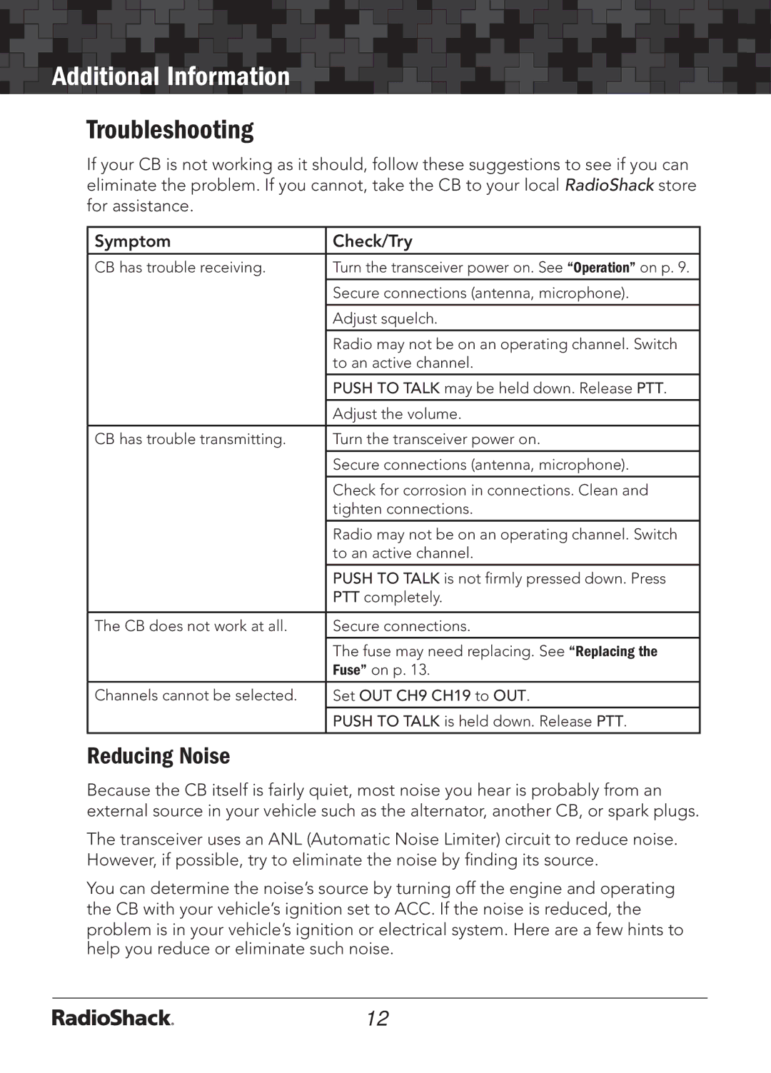 Radio Shack 21-1703 A manual Additional Information, Troubleshooting, Reducing Noise 