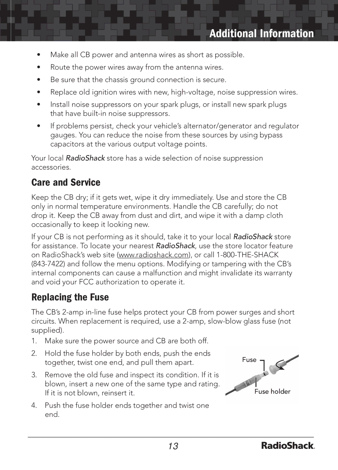 Radio Shack 21-1703 A manual Care and Service, Replacing the Fuse 