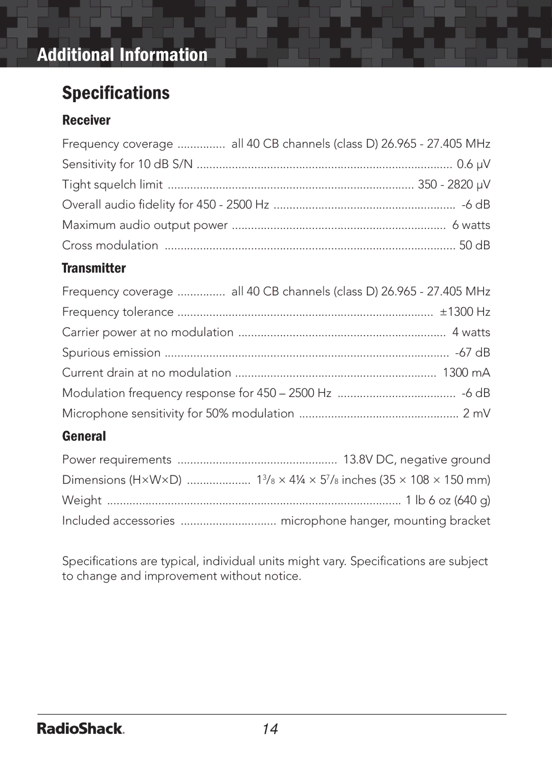 Radio Shack 21-1703 A manual Speciﬁcations, Receiver 