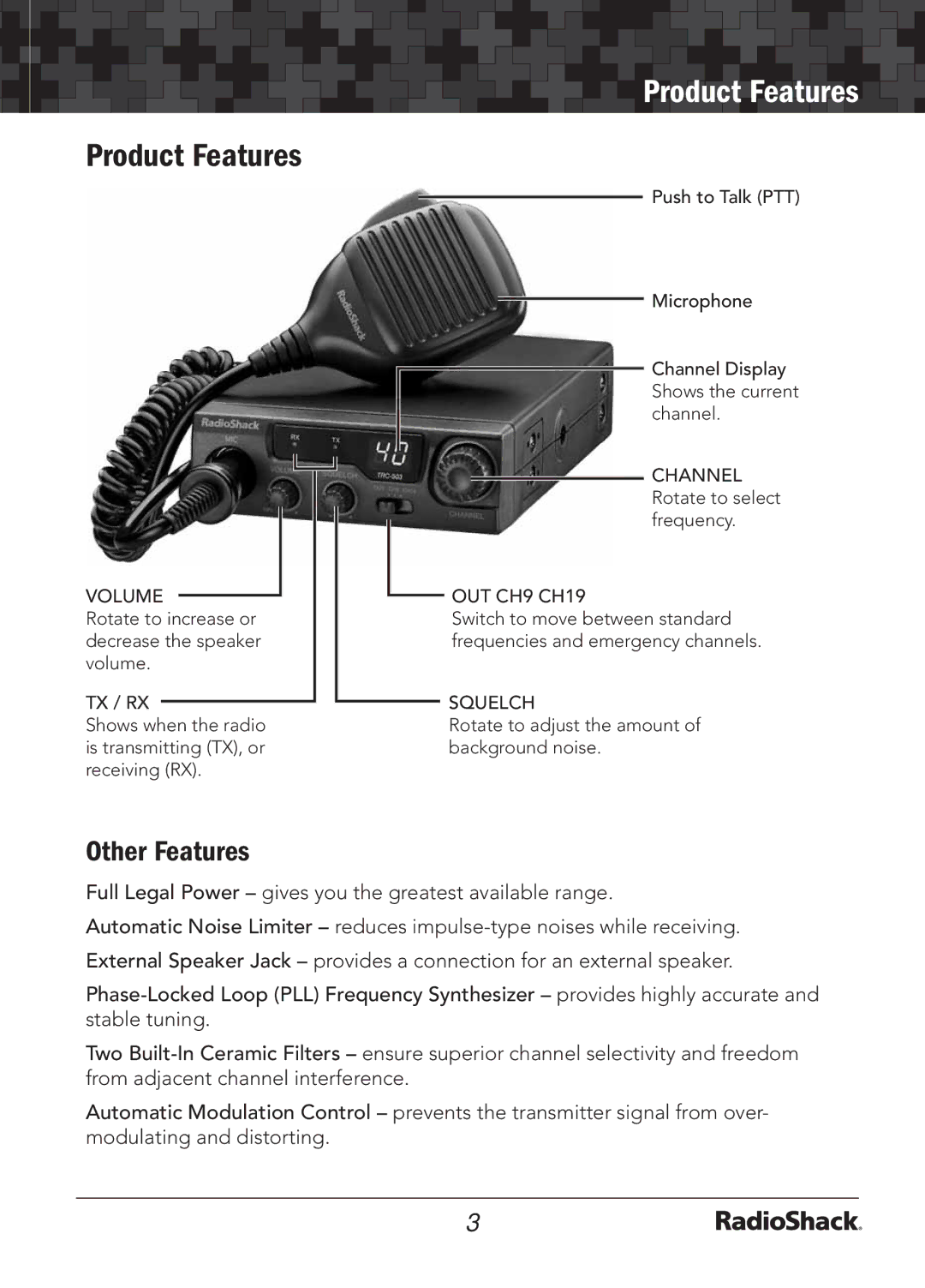 Radio Shack 21-1703 A manual Product Features, Other Features 