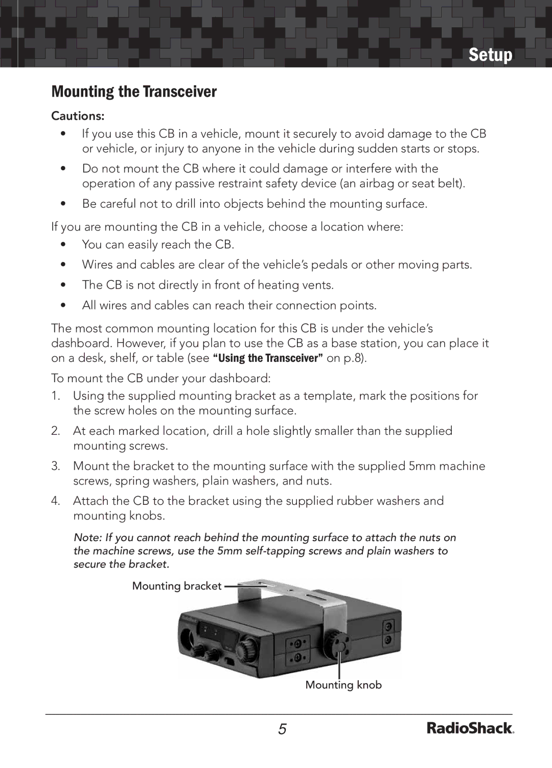 Radio Shack 21-1703 A manual Mounting the Transceiver 