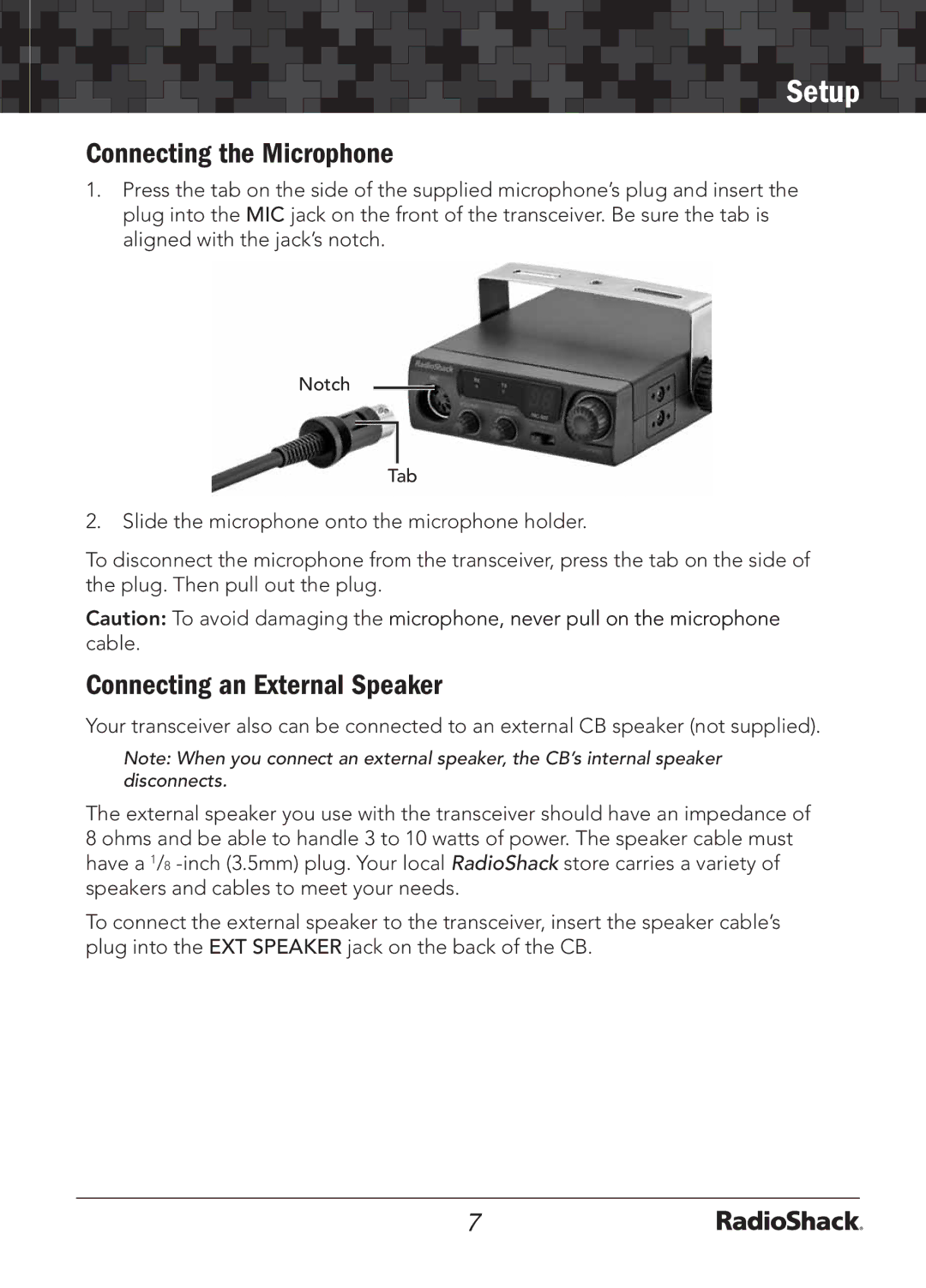 Radio Shack 21-1703 A manual Connecting the Microphone, Connecting an External Speaker 