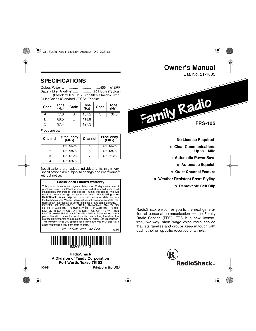 Radio Shack 21-1805 owner manual Specifications, Code 