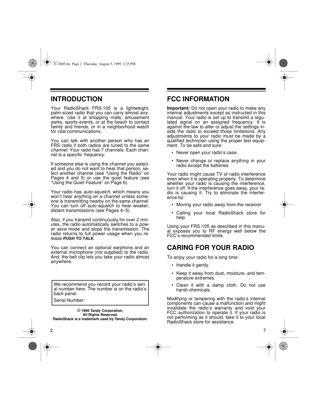 Radio Shack 21-1805 owner manual Introduction, FCC Information, Caring for Your Radio 