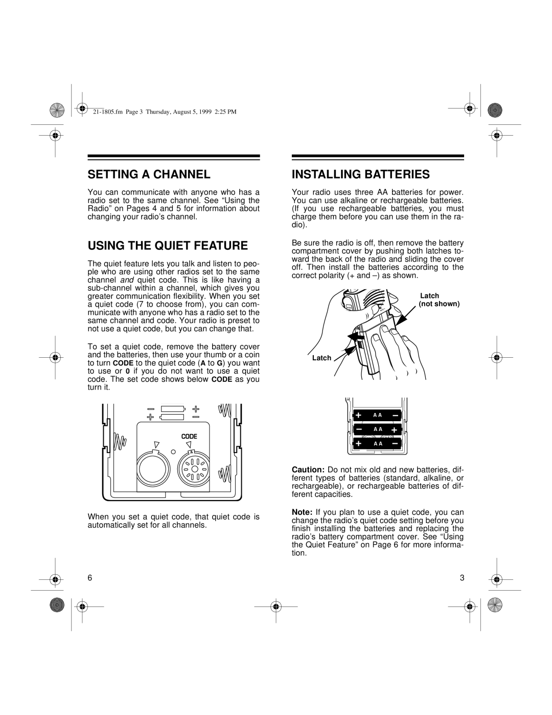 Radio Shack 21-1805 owner manual Setting a Channel, Using the Quiet Feature, Installing Batteries 