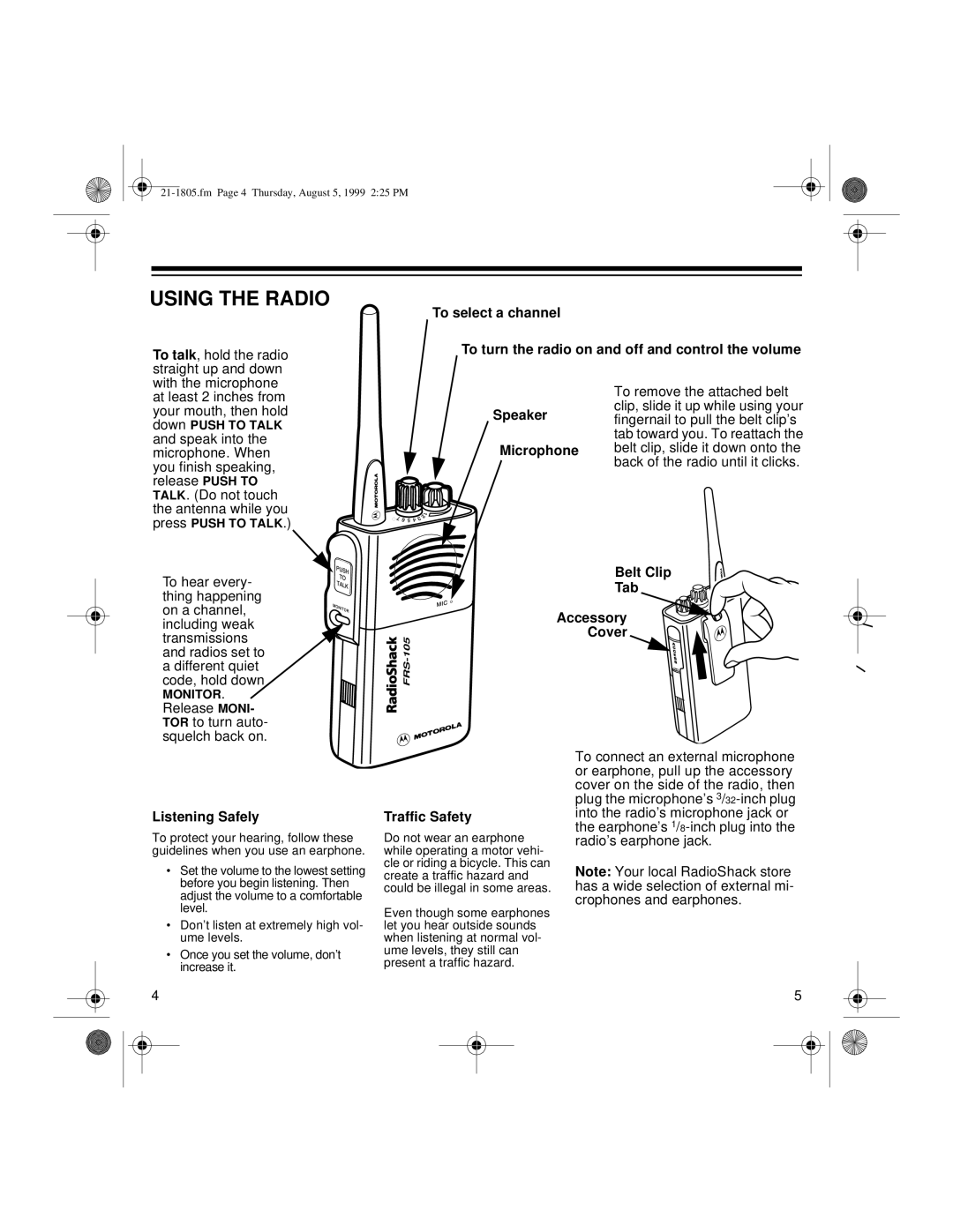 Radio Shack 21-1805 owner manual Using the Radio, Speaker 