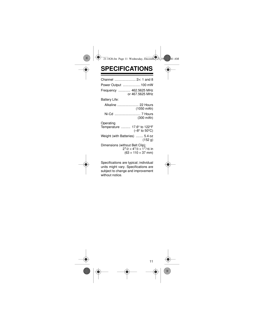 Radio Shack 21-1826 owner manual Specifications 