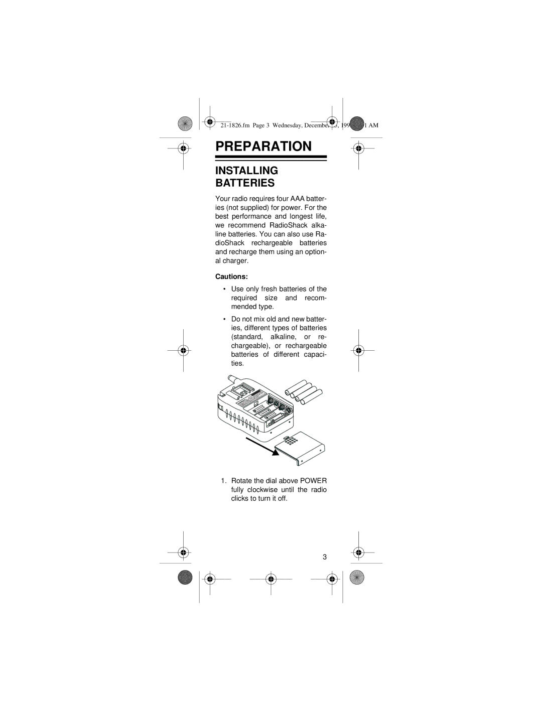 Radio Shack 21-1826 owner manual Preparation, Installing Batteries 