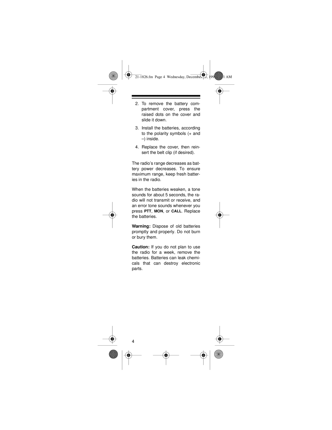 Radio Shack 21-1826 owner manual Fm Page 4 Wednesday, December 15, 1999 941 AM 