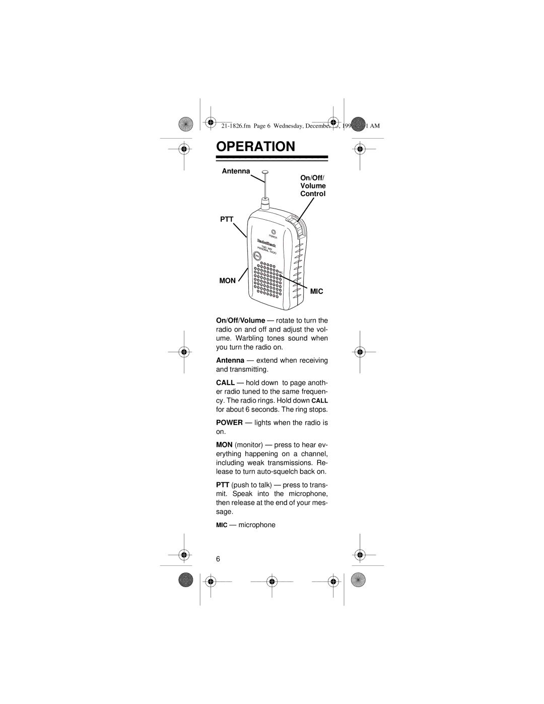 Radio Shack 21-1826 owner manual Operation, Ptt Mon Mic 