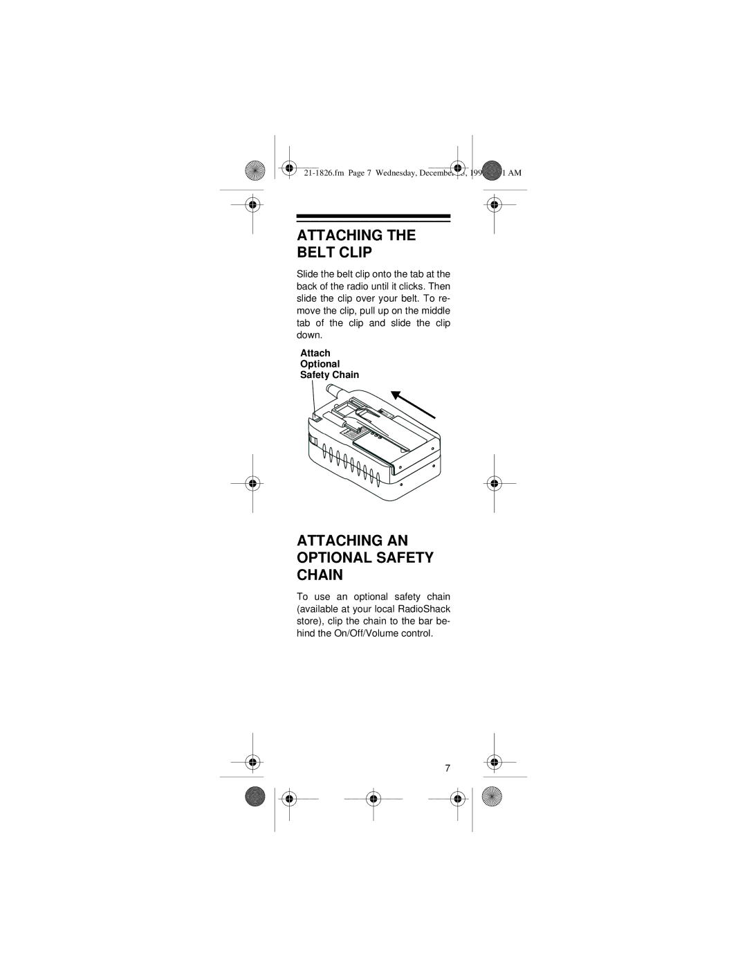 Radio Shack 21-1826 owner manual Attaching Belt Clip, Attaching AN Optional Safety Chain 