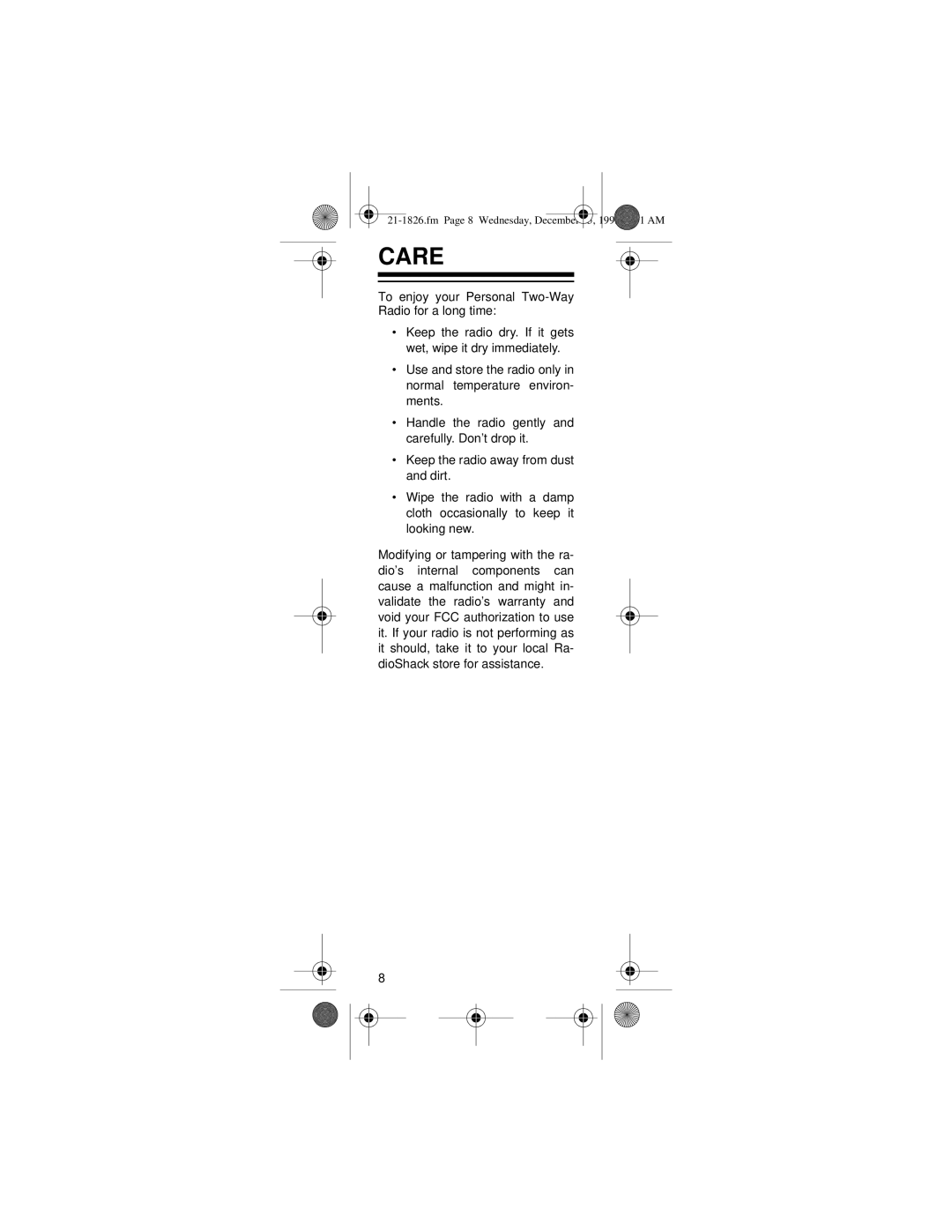 Radio Shack 21-1826 owner manual Care 